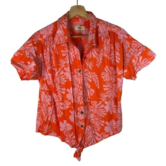 Style & Co Petite Orange & Pink Floral Short Sleeve Tie Waist Button Down Top PL - Picture 1 of 3